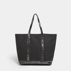Sac cabas femme à paillettes, fermeture éclair, porté épaule, gris à paillettes grises