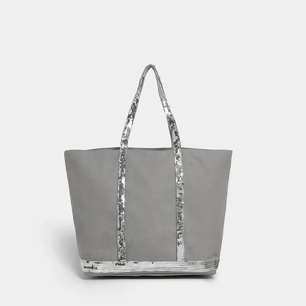 Sac cabas femme à paillettes, fermeture éclair, porté épaule, gris clair à paillettes