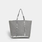Sac cabas femme à paillettes, fermeture éclair, porté épaule, gris clair à paillettes