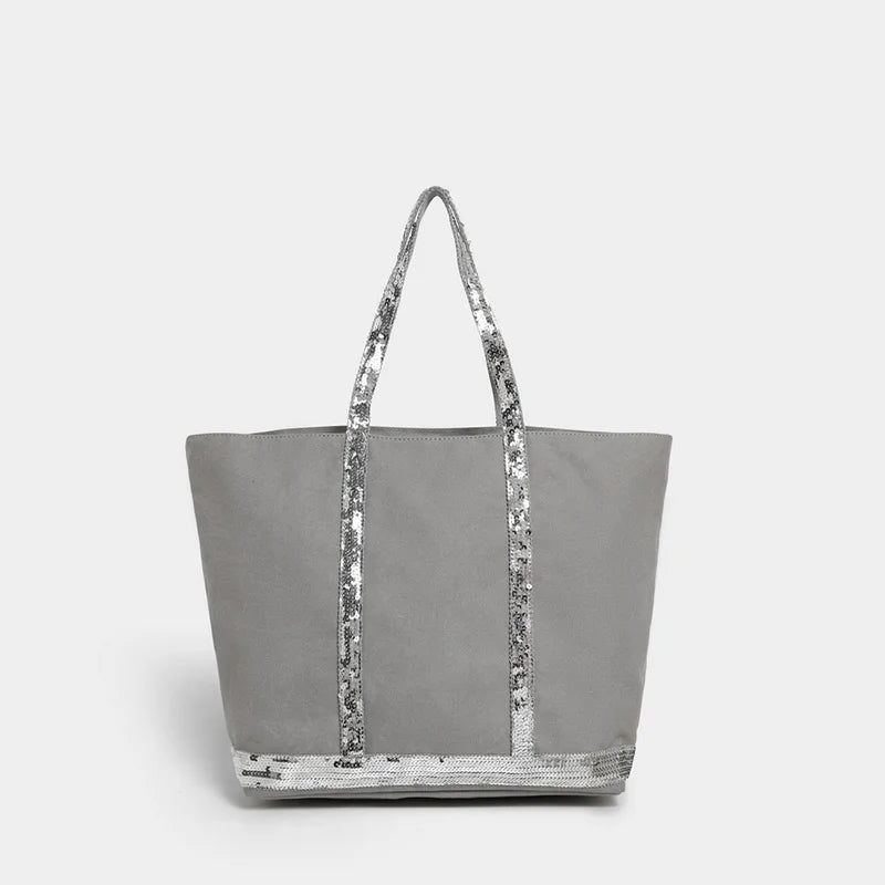 Sac cabas femme à paillettes, fermeture éclair, porté épaule, gris clair à paillettes
