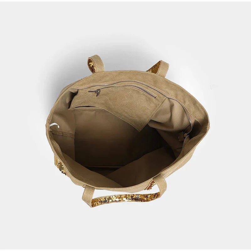 Sac cabas femme à paillettes, fermeture éclair, porté épaule