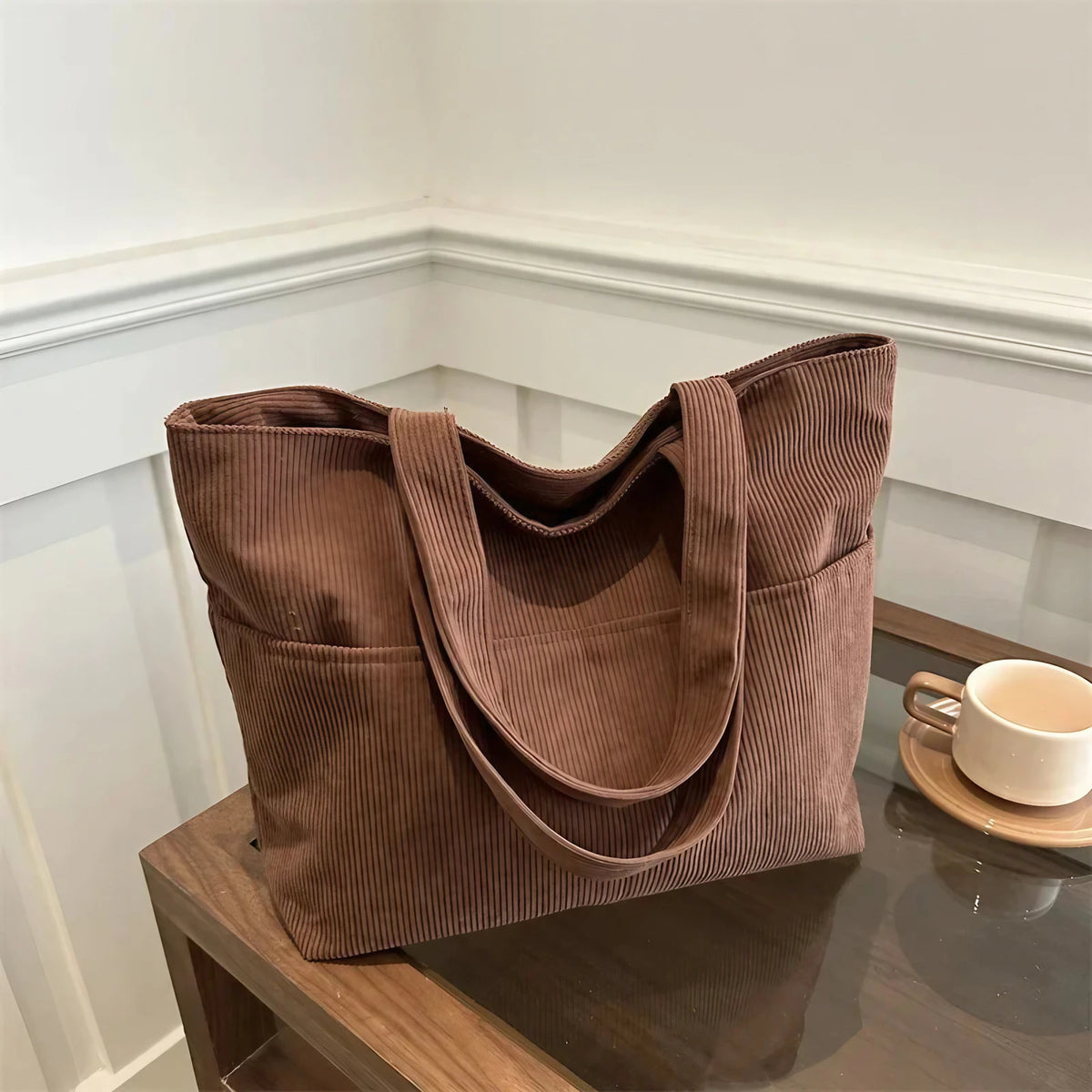 Sac cabas femme en velours côtelé, fermeture éclair, 41 x 29 cm