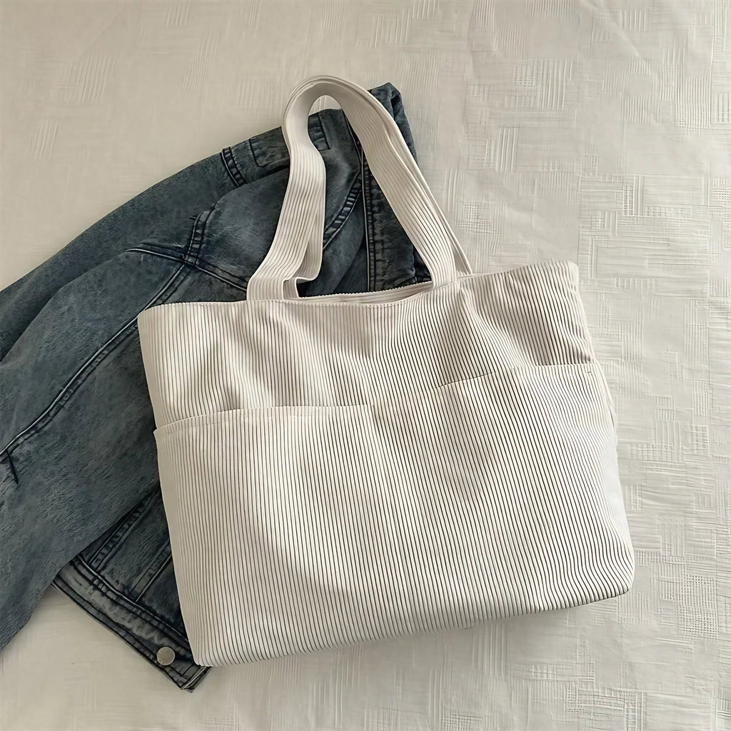 Sac cabas femme en velours côtelé, fermeture éclair, 41 x 29 cm, blanc