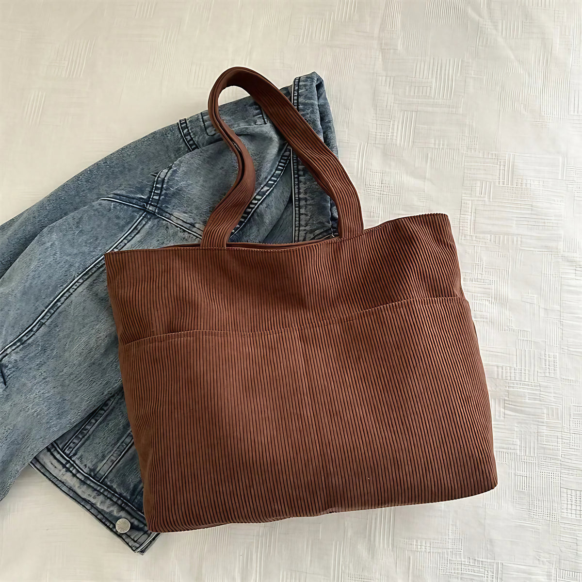 Sac cabas femme en velours côtelé, fermeture éclair, 41 x 29 cm, marron