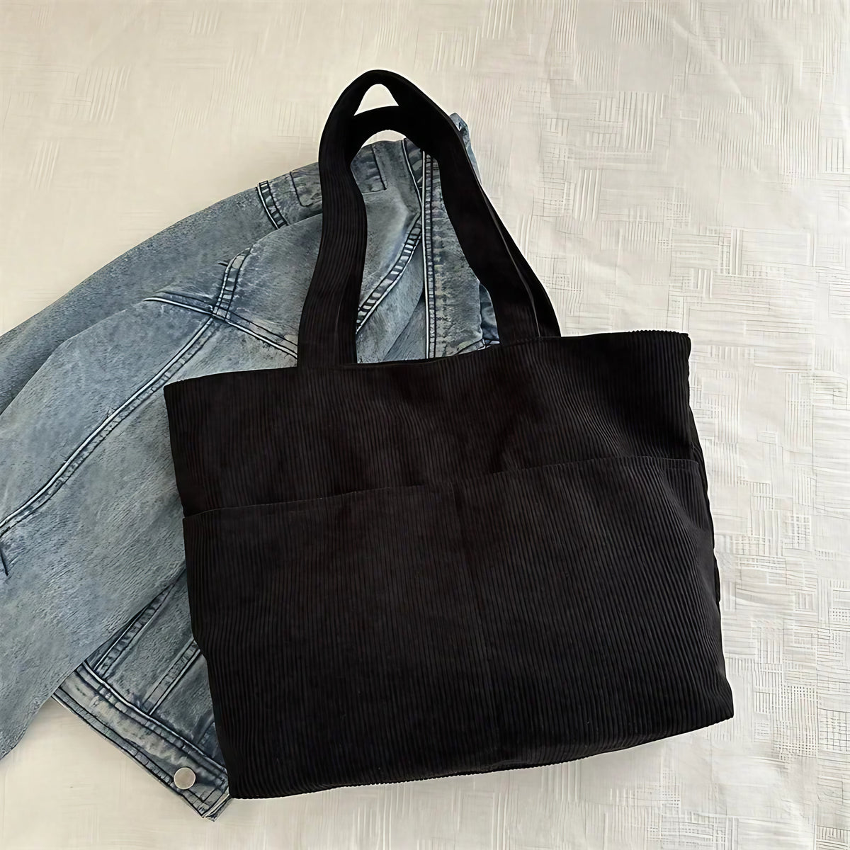 Sac cabas femme en velours côtelé, fermeture éclair, 41 x 29 cm, noir