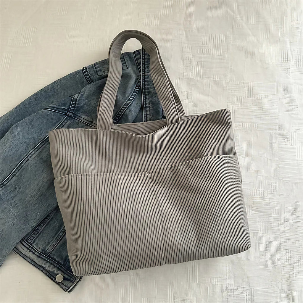 Sac cabas femme en velours côtelé, fermeture éclair, 41 x 29 cm, gris