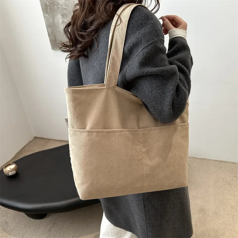 Sac cabas femme en velours côtelé, fermeture éclair, 41 x 29 cm