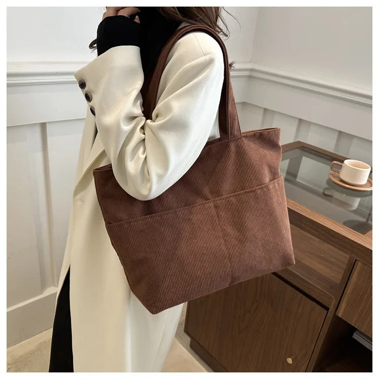 Sac cabas femme en velours côtelé, fermeture éclair, 41 x 29 cm