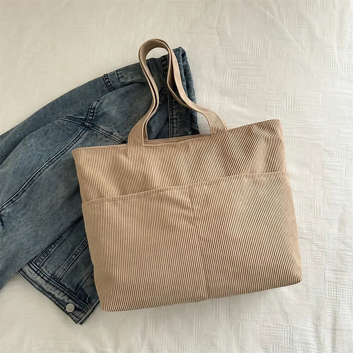 Sac cabas femme en velours côtelé, fermeture éclair, 41 x 29 cm, beige