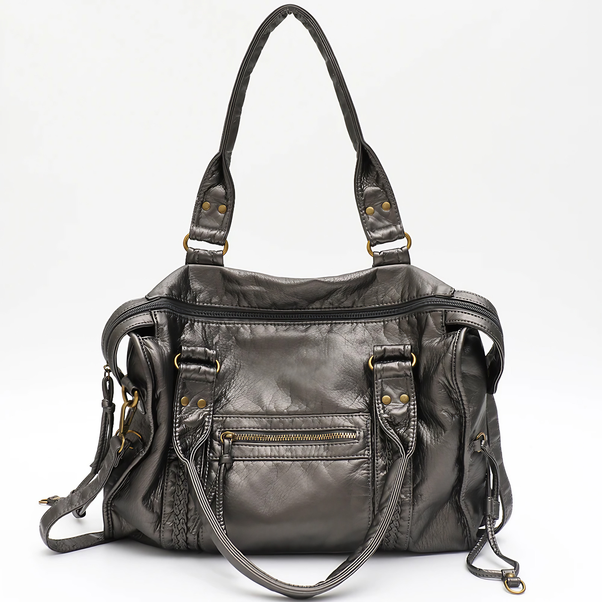 Sac cabas femme en similicuir souple, 36 x 27 cm, bandoulière amovible, argenté