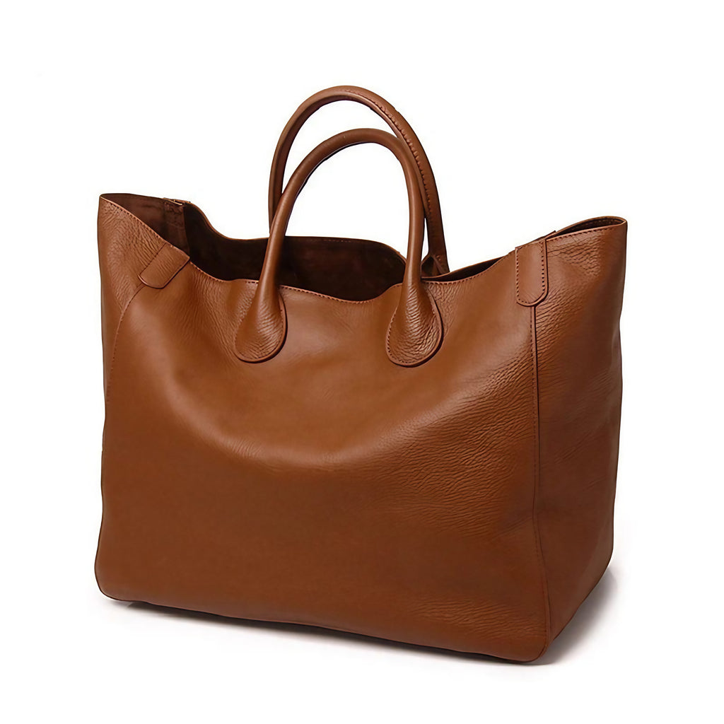 Grand sac cabas femme en cuir camel, intérieur doublé, camel