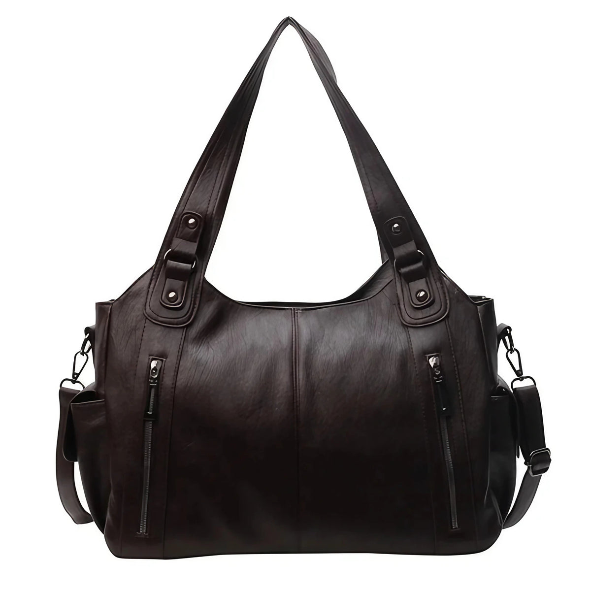 Sac cabas femme en similicuir, cinq poches extérieures, café