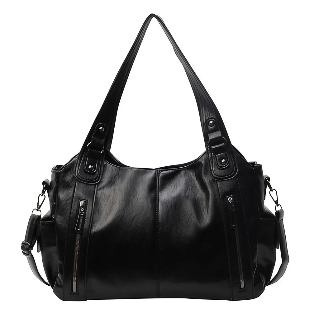 Sac cabas femme en similicuir, cinq poches extérieures, noir