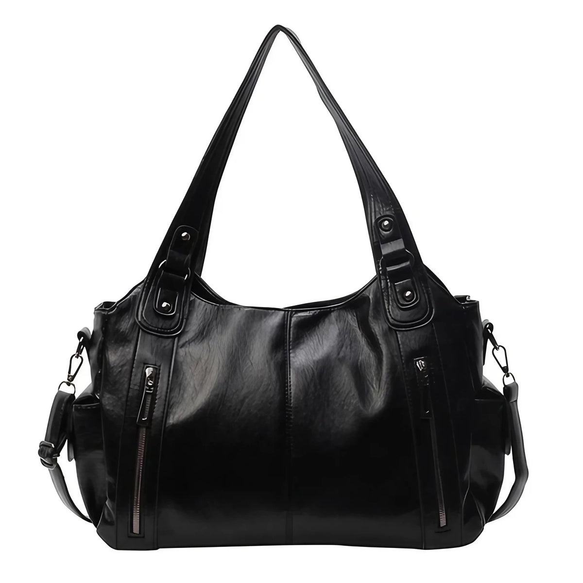 Sac cabas femme en similicuir, cinq poches extérieures, noir