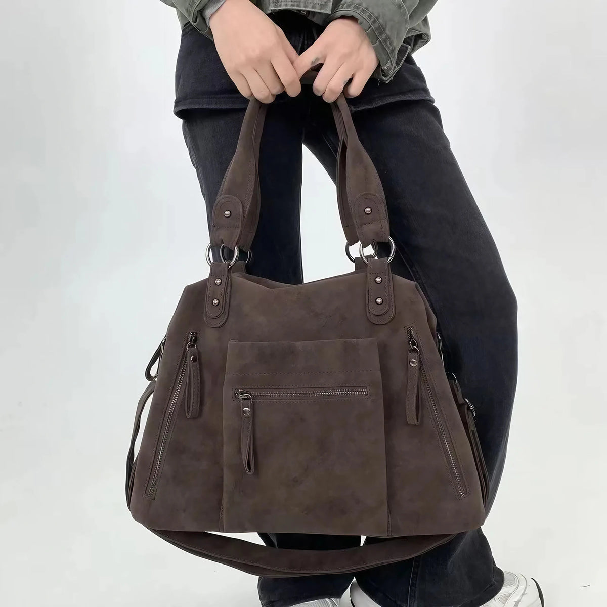 Sac cabas femme en suédine marron, forme trapèze, 39 x 31 cm, marron
