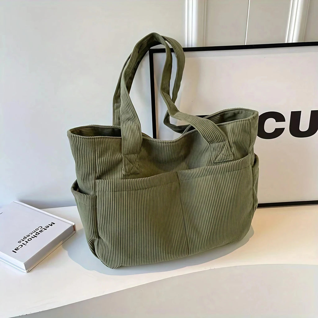 Sac cabas femme en velours côtelé, zippé, cinq coloris, vert