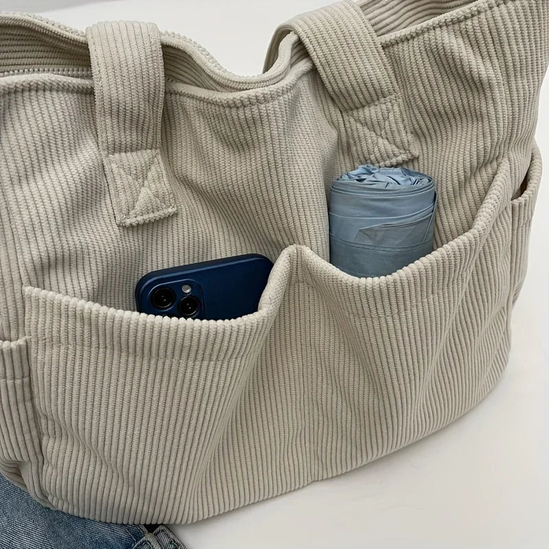 Sac cabas femme en velours côtelé, zippé, cinq coloris