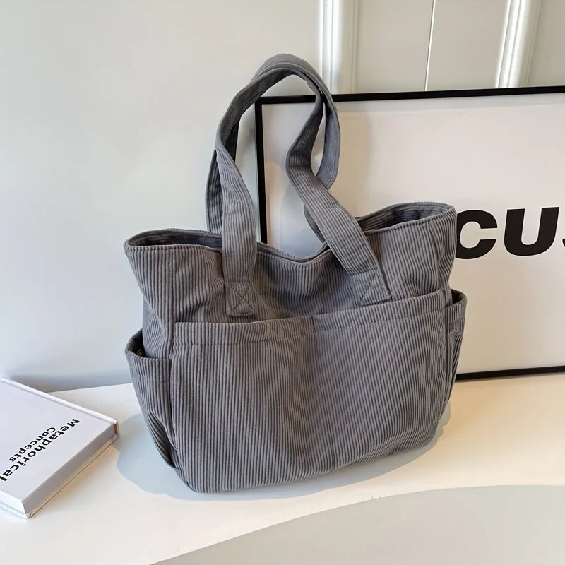 Sac cabas femme en velours côtelé, zippé, cinq coloris, gris