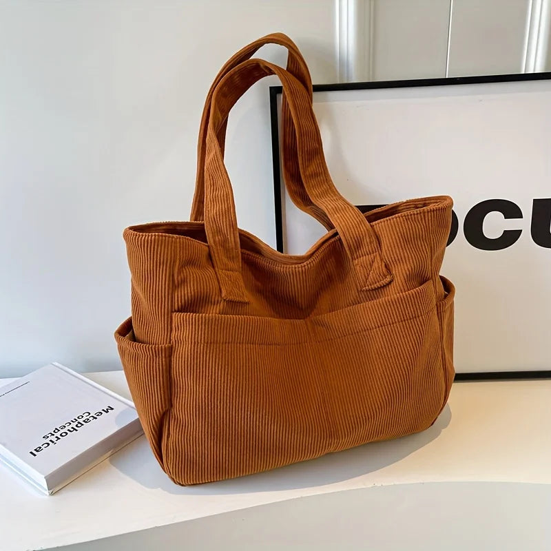 Sac cabas femme en velours côtelé, zippé, cinq coloris, fauve