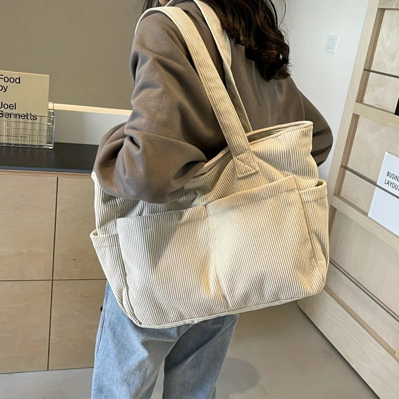 Sac cabas femme en velours côtelé, zippé, cinq coloris