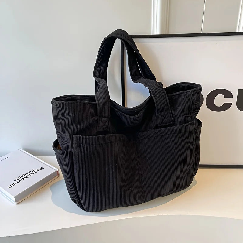 Sac cabas femme en velours côtelé, zippé, cinq coloris, noir