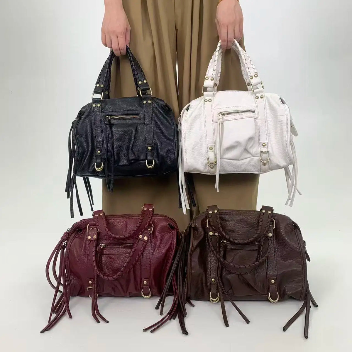 Sac cabas femme en similicuir grainé, anses tressées, rivets dorés