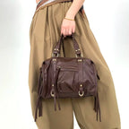 Sac cabas femme en similicuir grainé, anses tressées, rivets dorés, marron