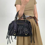 Sac cabas femme en similicuir grainé, anses tressées, rivets dorés