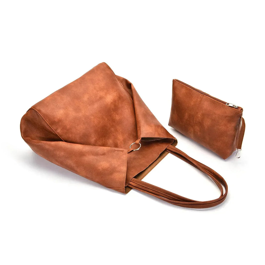 Sac cabas femme en similicuir avec pochette assortie, marron