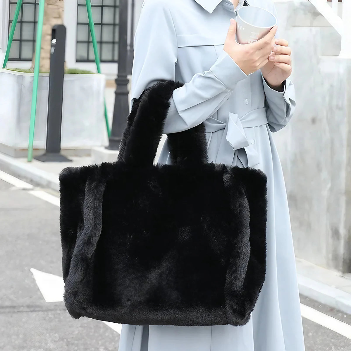 Sac à main femme noir d'hiver au toucher doux, 33 x 28 cm