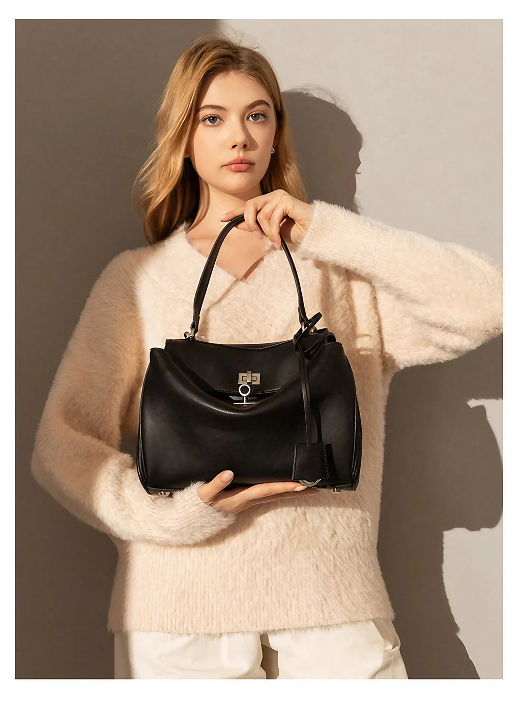 Sac cabas femme à rabat et boucle, finition métal doré ou argenté