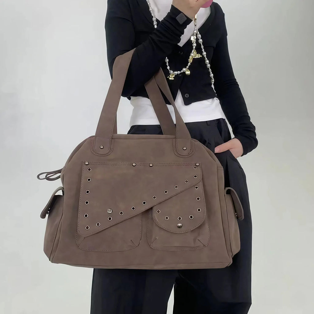 Sac cabas femme en suédine marron, deux compartiments zippés, marron