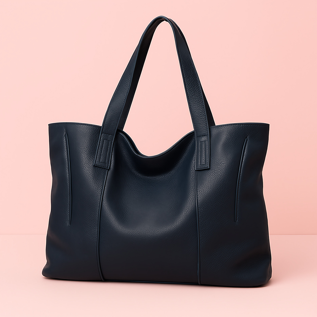 Grand sac cabas femme en cuir souple, fermeture éclair, bleu marine