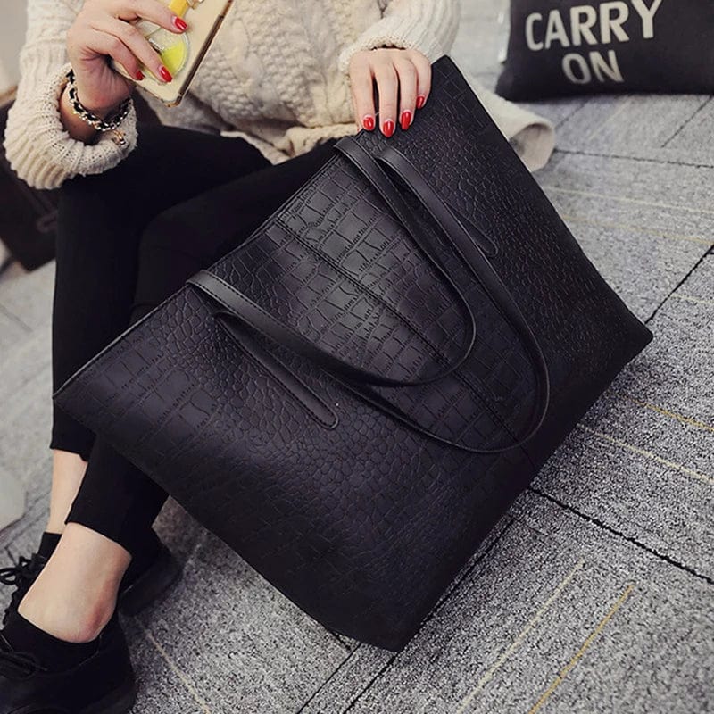 Sac cabas femme noir effet croco, similicuir zippé