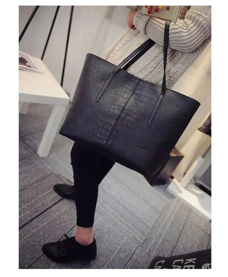 Sac cabas femme noir effet croco, similicuir zippé, noir
