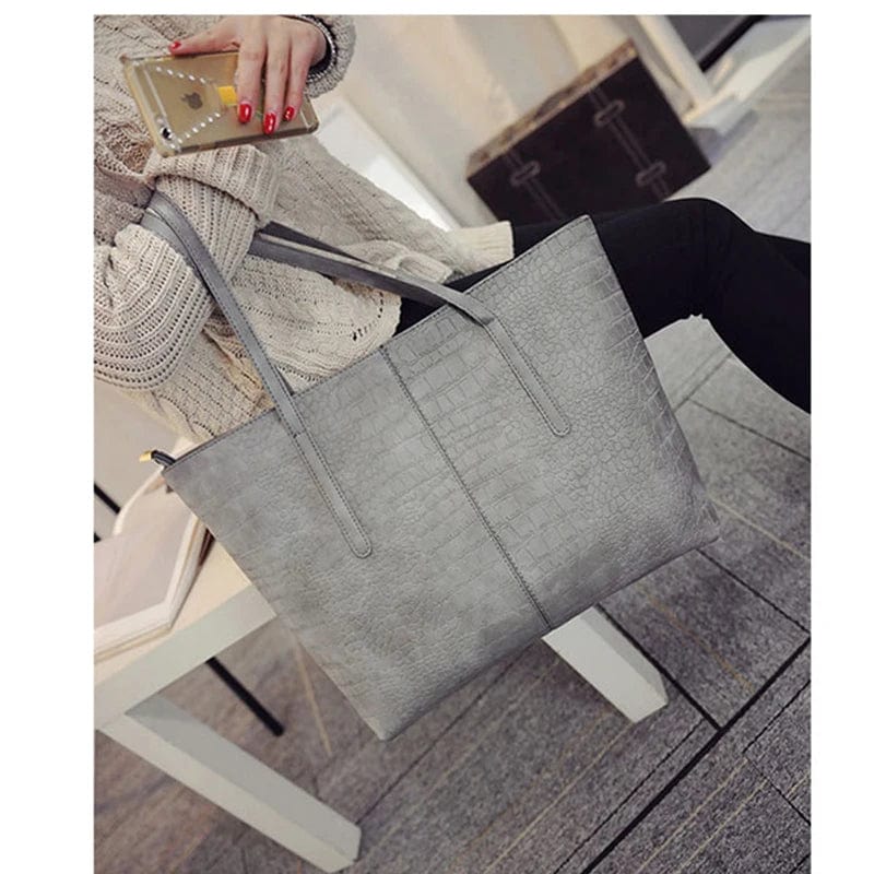 Sac cabas femme noir effet croco, similicuir zippé