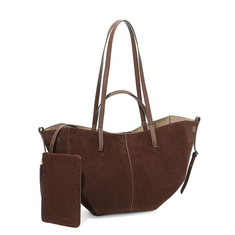 Sac cabas femme en daim, bords repliables aimantés, marron foncé