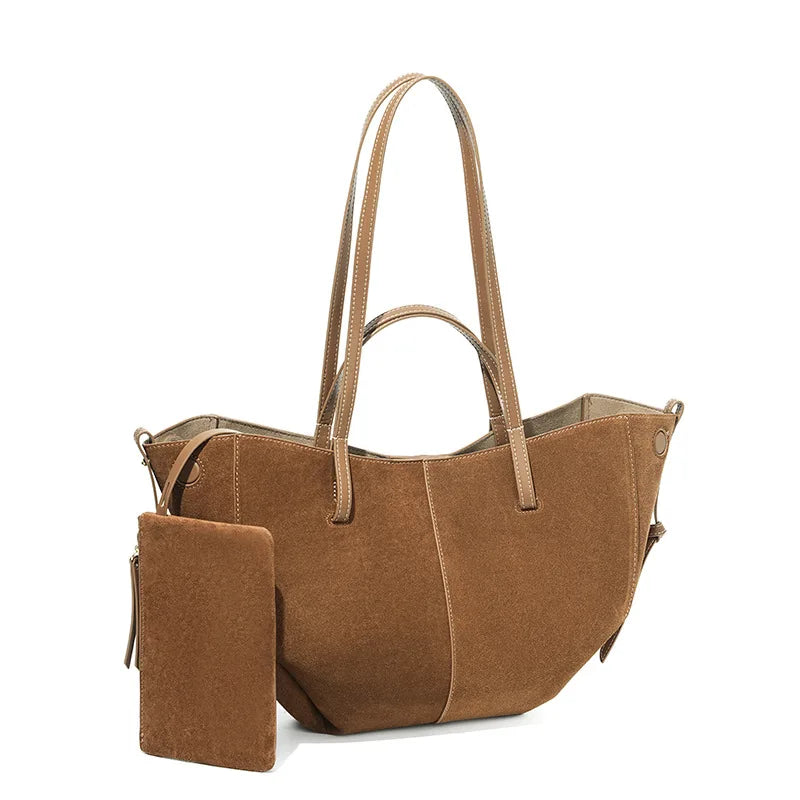 Sac cabas femme en daim, bords repliables aimantés, marron clair