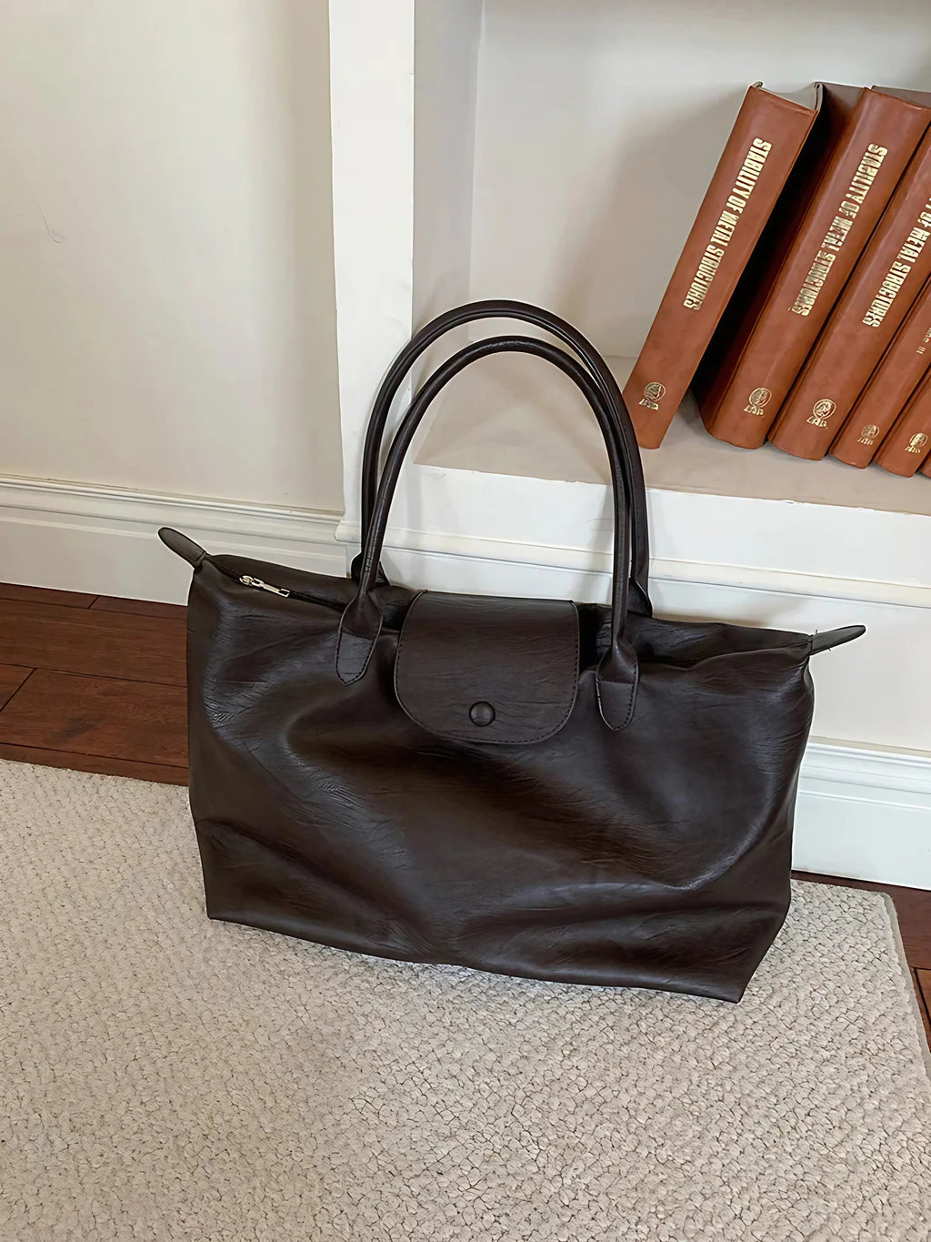 Sac cabas femme en similicuir, format 40 x 30 cm, zippé, marron foncé