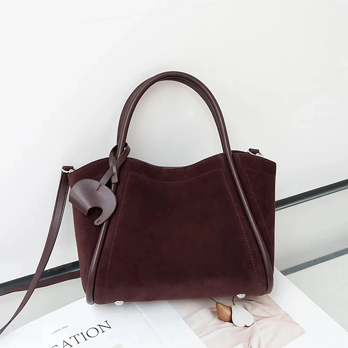 Sac cabas femme en daim synthétique, pochette amovible, rouge foncé