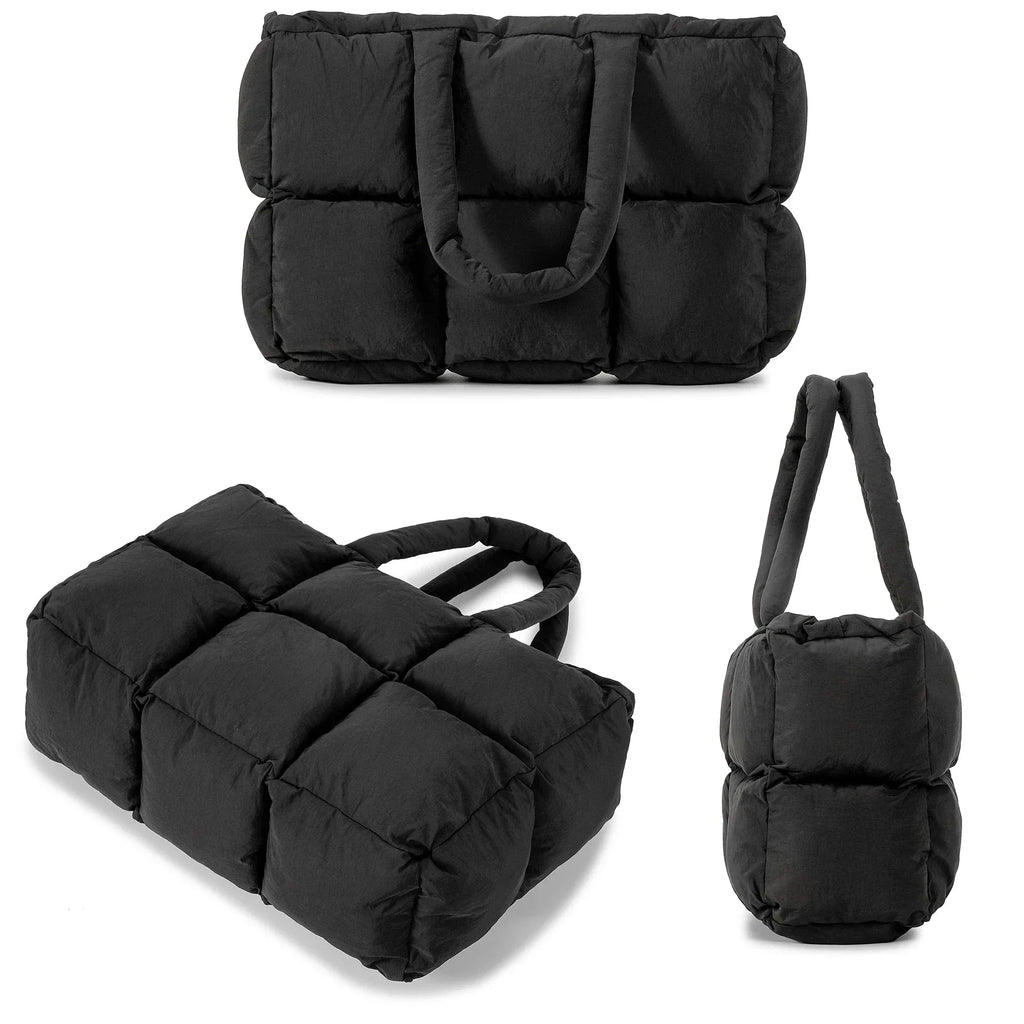Sac cabas matelassé femme en nylon, poche zippée, noir ou blanc