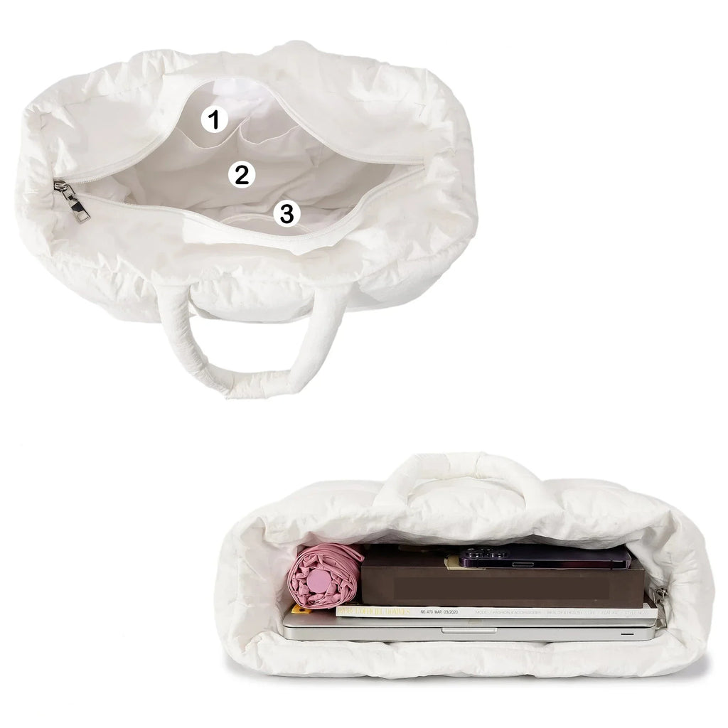 Sac cabas matelassé femme en nylon, poche zippée, noir ou blanc