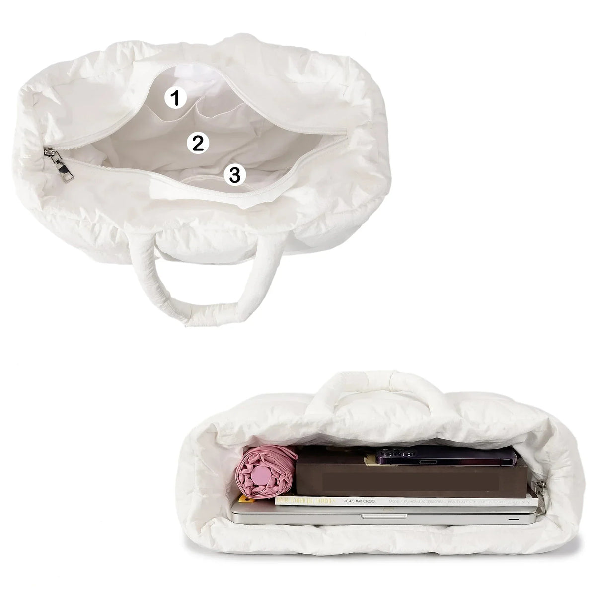 Sac cabas matelassé femme en nylon, poche zippée, noir ou blanc