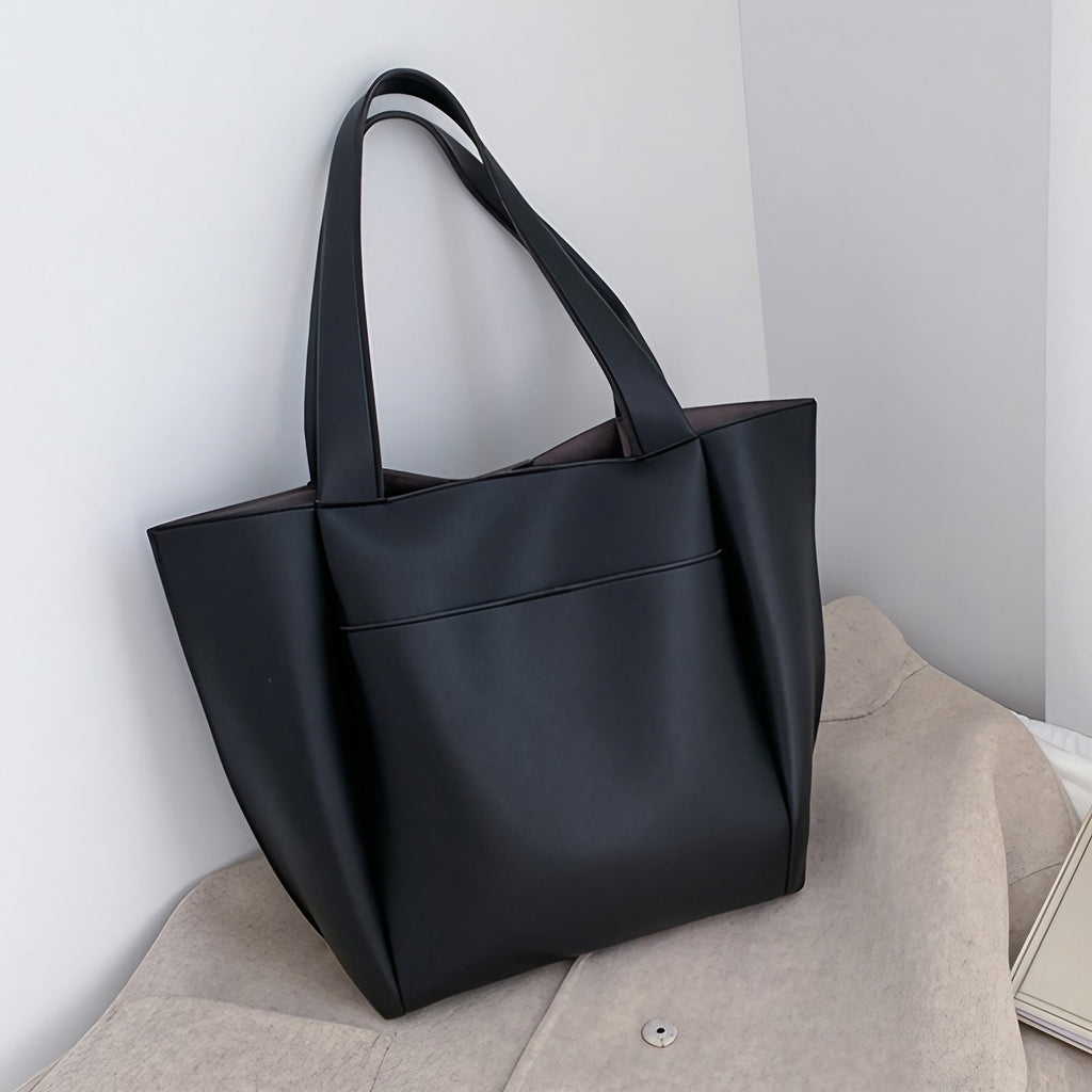 Sac cabas femme noir en similicuir, poche extérieure, noir