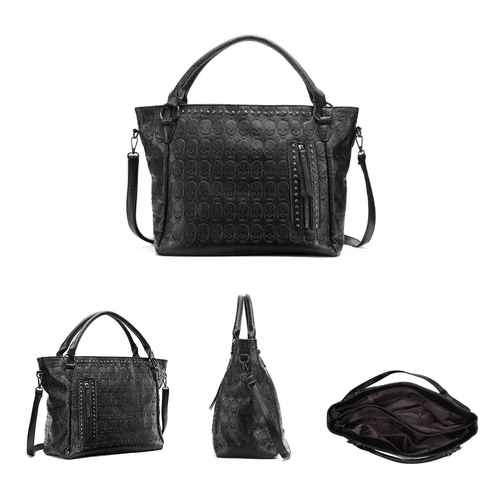Sac cabas femme en similicuir noir, style biker, pour les cours