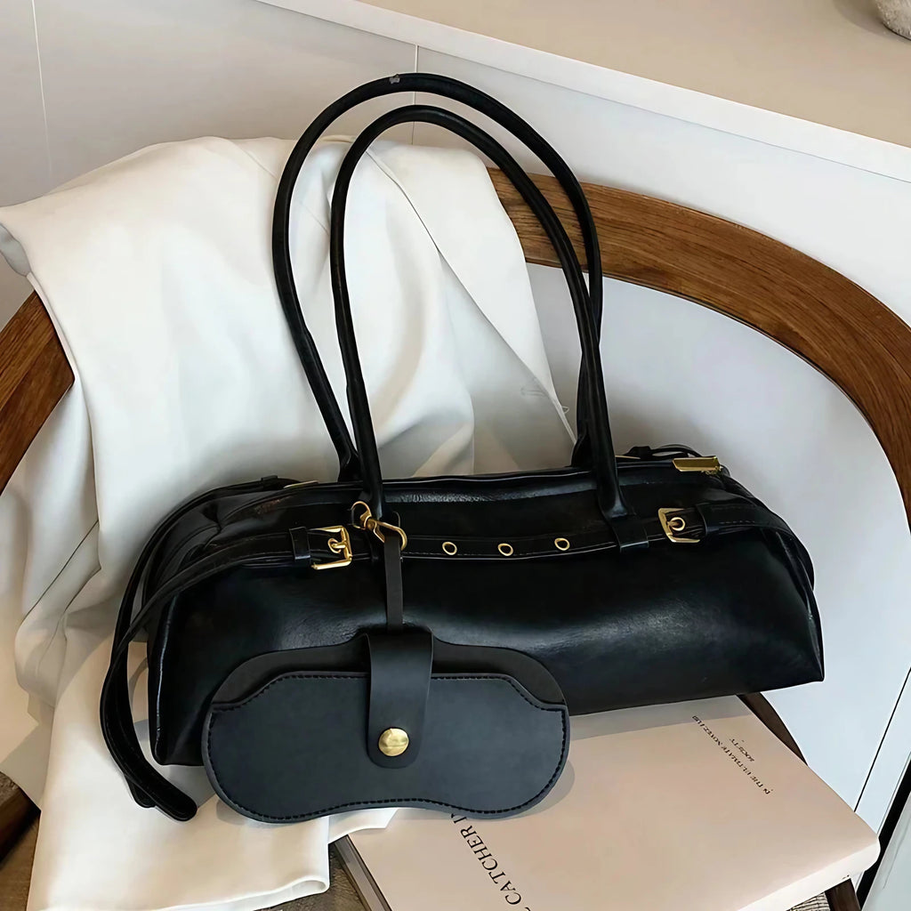 Sac porté épaule femme en similicuir, détails dorés, noir