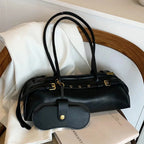 Sac porté épaule femme en similicuir, détails dorés, noir