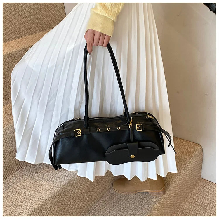 Sac porté épaule femme en similicuir, détails dorés