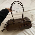 Sac porté épaule femme en similicuir, détails dorés, café