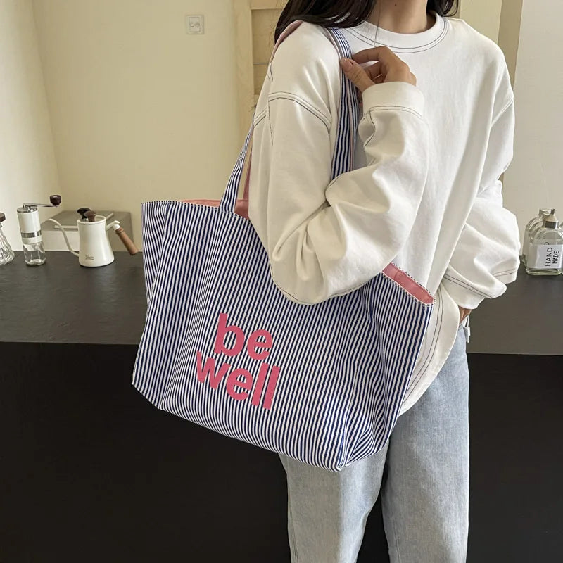 Sac cabas maxi femme en toile réversible, grandes anses